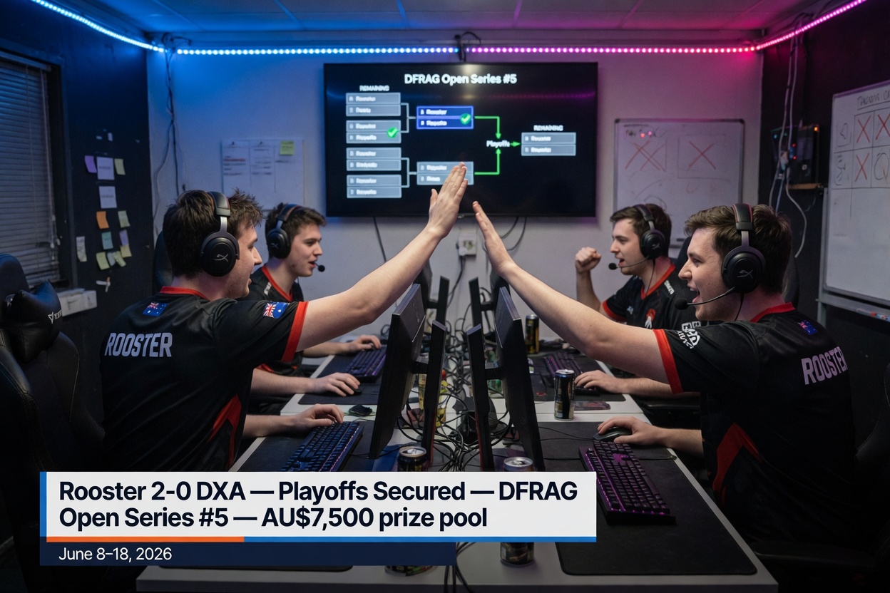 Rooster esports players celebrate at their PCs after defeating DXA 2–0, with a DFRAG